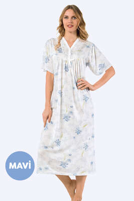 Önü Düğmeli Desenli Kısa Kol Gecelik Mavi - Thumbnail