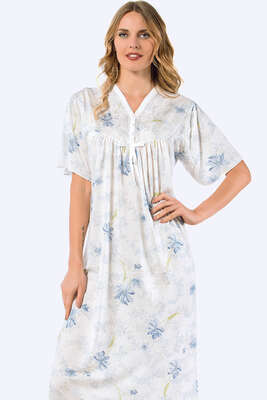 Önü Düğmeli Desenli Kısa Kol Gecelik Mavi - Thumbnail