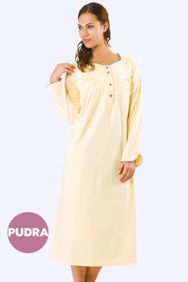  Çiçek Desenli Uzun Kol Gecelik Pudra - Thumbnail