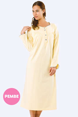  Çiçek Desenli Uzun Kol Gecelik Pembe - Thumbnail