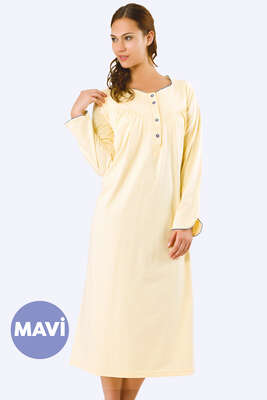  Çiçek Desenli Uzun Kol Gecelik Mavi - Thumbnail