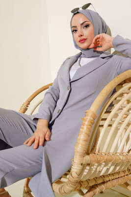 Uzun Ceket İkili Takım Gri - Thumbnail