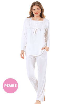 Pazarium - Kare Yaka Pijama Takımı Pembe