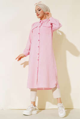 Pazarium - Önden Düğmeli Çizgili Gofre Tunik Pembe