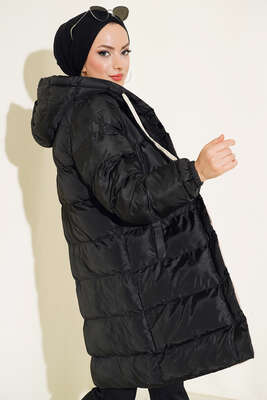 Çıtçıt Düğmeli Fermuarlı Şişme Mont Siyah Bej - Thumbnail