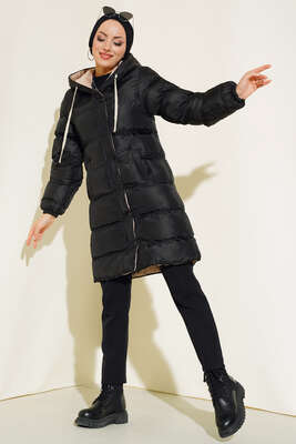 Çıtçıt Düğmeli Fermuarlı Şişme Mont Siyah Bej - Thumbnail