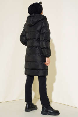 Çıtçıt Düğmeli Fermuarlı Şişme Mont Siyah Bej - Thumbnail