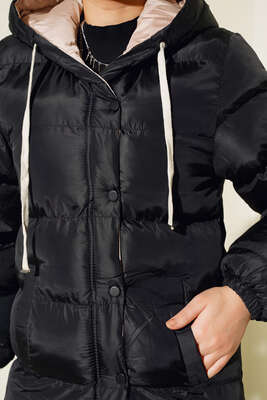 Çıtçıt Düğmeli Fermuarlı Şişme Mont Siyah Bej - Thumbnail