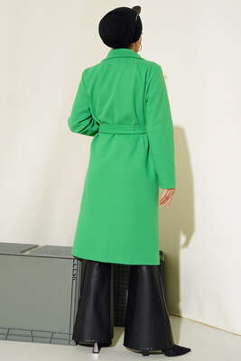 Kruvaze Kuşaklı Kaşe Kaban Yeşil - Thumbnail