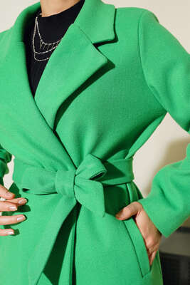 Kruvaze Kuşaklı Kaşe Kaban Yeşil - Thumbnail