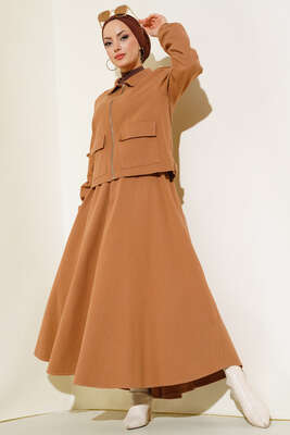 Çift Cepli Etekli Takım Camel - Thumbnail