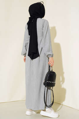 Yaka Fermuarlı Çizgili Gofre Elbise Siyah - Thumbnail