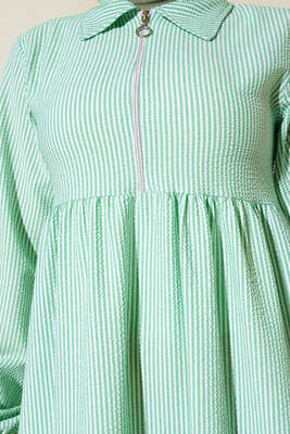 Yaka Fermuarlı Çizgili Gofre Elbise Yeşil - Thumbnail