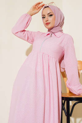 Yaka Fermuarlı Çizgili Gofre Elbise Pembe - Thumbnail