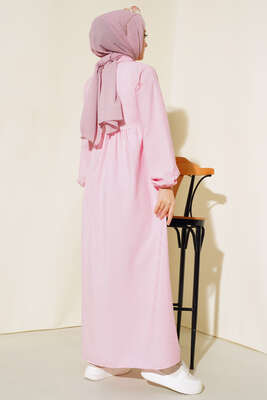 Yaka Fermuarlı Çizgili Gofre Elbise Pembe - Thumbnail