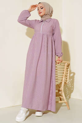 Yaka Fermuarlı Çizgili Gofre Elbise Gül Kurusu - Thumbnail