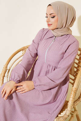 Yaka Fermuarlı Çizgili Gofre Elbise Gül Kurusu - Thumbnail