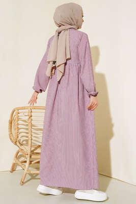 Yaka Fermuarlı Çizgili Gofre Elbise Gül Kurusu - Thumbnail