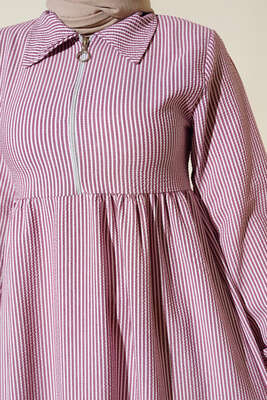 Yaka Fermuarlı Çizgili Gofre Elbise Gül Kurusu - Thumbnail