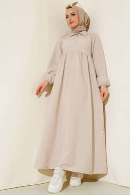 Yaka Fermuarlı Çizgili Gofre Elbise Bej - Thumbnail