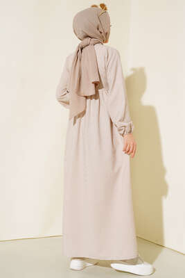 Yaka Fermuarlı Çizgili Gofre Elbise Bej - Thumbnail