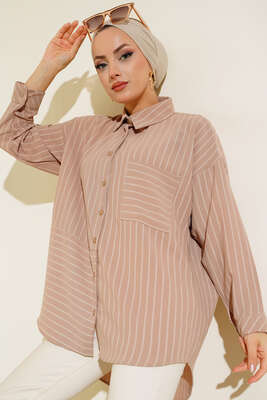 Asimetrik Çizgili Gömlek Bej - Thumbnail