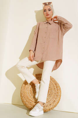 Asimetrik Çizgili Gömlek Bej - Thumbnail