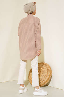 Asimetrik Çizgili Gömlek Bej - Thumbnail