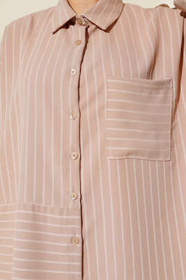 Asimetrik Çizgili Gömlek Bej - Thumbnail