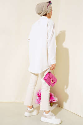 Asimetrik Çizigili Gömlek Ekru - Thumbnail