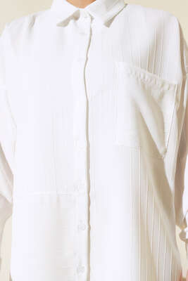 Asimetrik Çizigili Gömlek Ekru - Thumbnail