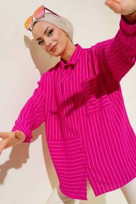 Asimetrik Çizgili Gömlek Fuşya - Thumbnail