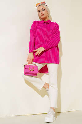 Asimetrik Çizgili Gömlek Fuşya - Thumbnail