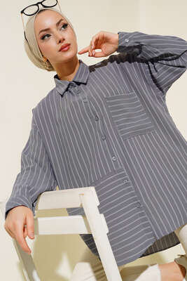 Asimetrik Çizigili Gömlek Gri - Thumbnail
