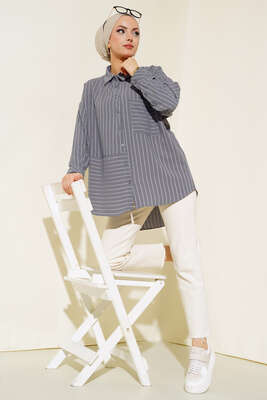 Asimetrik Çizigili Gömlek Gri - Thumbnail