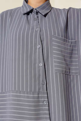 Asimetrik Çizigili Gömlek Gri - Thumbnail