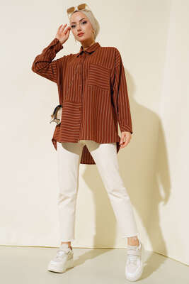 Asimetrik Çizgili Gömlek Kahve - Thumbnail