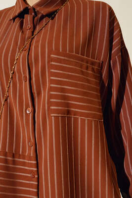 Asimetrik Çizgili Gömlek Kahve - Thumbnail