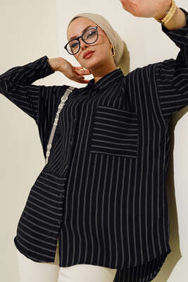 Asimetrik Çizgili Gömlek Siyah - Thumbnail