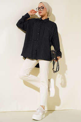 Asimetrik Çizgili Gömlek Siyah - Thumbnail