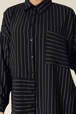 Asimetrik Çizgili Gömlek Siyah - Thumbnail