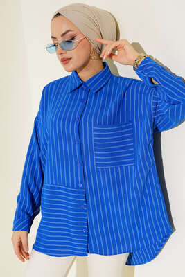 Asimetrik Çizgili Gömlek Saks - Thumbnail