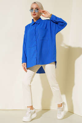 Asimetrik Çizgili Gömlek Saks - Thumbnail