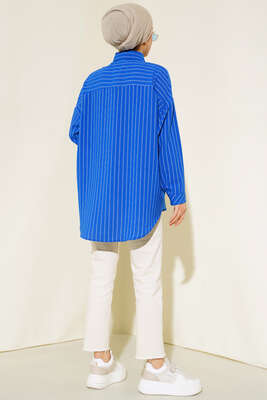 Asimetrik Çizgili Gömlek Saks - Thumbnail