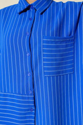 Asimetrik Çizgili Gömlek Saks - Thumbnail