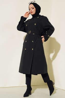 Kol Bantlı Kruvaze Trençkot Siyah - Thumbnail