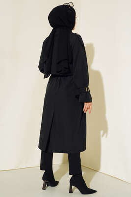 Kol Bantlı Kruvaze Trençkot Siyah - Thumbnail