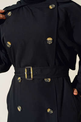 Kol Bantlı Kruvaze Trençkot Siyah - Thumbnail