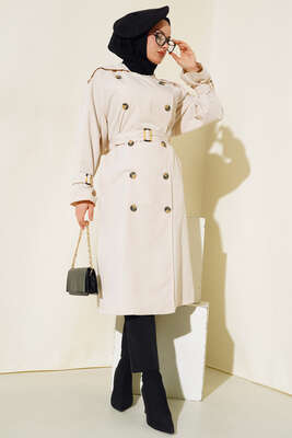 Kol Bantlı Kruvaze Trençkot Taş - Thumbnail