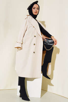 Kol Bantlı Kruvaze Trençkot Taş - Thumbnail